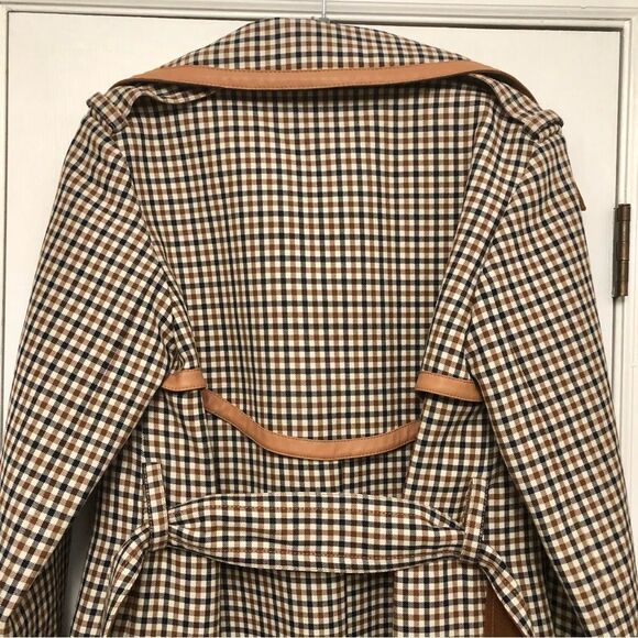 Nina Ricci Trench Coat Heritage Checkered Printed Wool Leather Trim Belted 42 - Picture 11 of 13